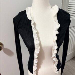 Anne Fontaine Black Cardigan with White Ruffle Trim